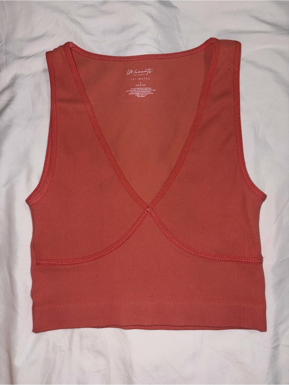La Hearts Coral Ribbed V-Neck Crop Top